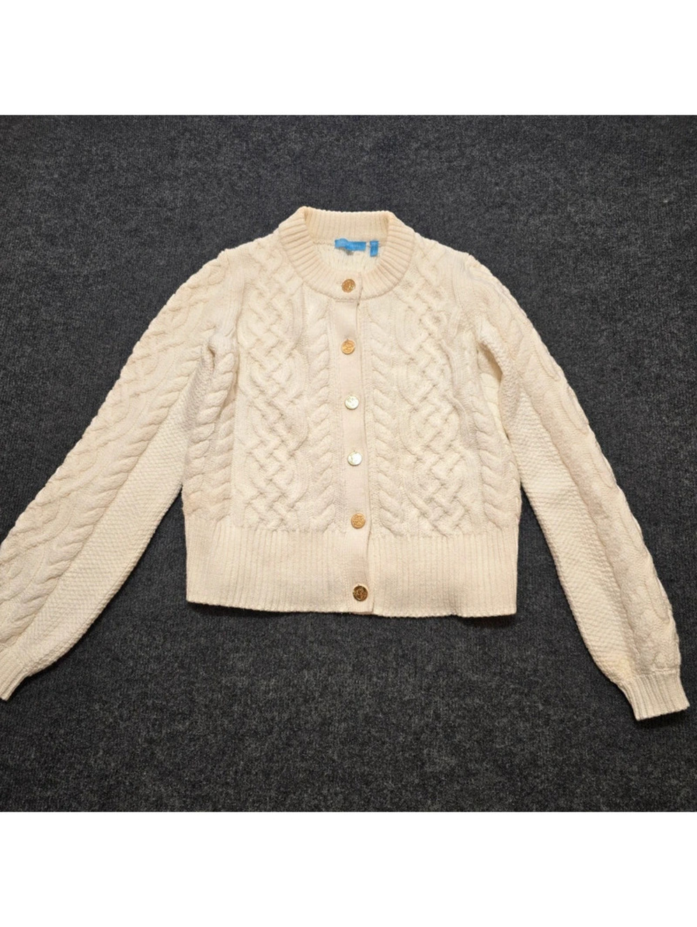 Draper James Cream Cable Knit Cropped Cardigan Sweater with Gold Buttons M